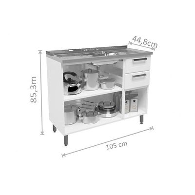 Gabinete de Cozinha Modulado c/Pia Múltipla 6015 3 Portas e 2 Gavetas 105cm Branco/Preto - Bertolini
