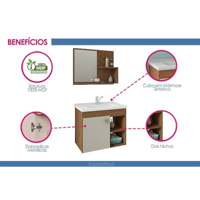 Bancada de Banheiro Balcão Suspenso Lótus/Bia c/ Cuba 55cm e Armário c/ Espelho Branco/Preto - MGM