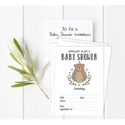 30 Cartões de Chá de Bebê para Preencher, Tema Ursos e Animais da Selva, Em Branco - Inkdotpot 12,7 Cm × 17,78 Cm / Branco - Convite