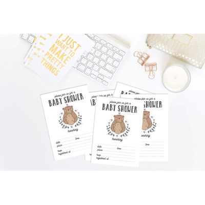 30 Cartões de Chá de Bebê para Preencher, Tema Ursos e Animais da Selva, Em Branco - Inkdotpot 12,7 Cm × 17,78 Cm / Branco - Convite
