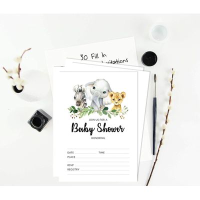 30 Cartões para Chá de Bebê Safari com Espaços para Preencher - Inkdotpot 12,7 Cm × 17,78 Cm / Branco - Convite