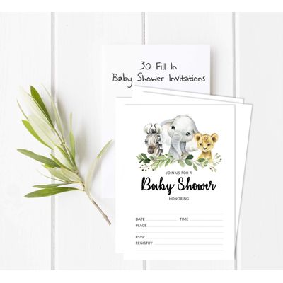 30 Cartões para Chá de Bebê Safari com Espaços para Preencher - Inkdotpot 12,7 Cm × 17,78 Cm / Branco - Convite