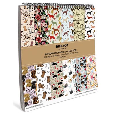 Bloco de Papel para Scrapbook 25 Folhas Estampa de Cães Lado Único Papel Cartão Colorido - Inkdotpot 30,48 Cm × 30,48 Cm / Multicolorido