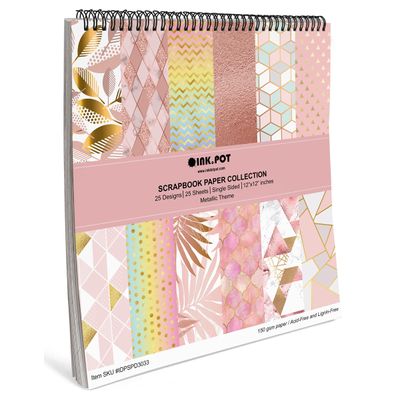 Bloco de 25 Folhas Scrapbook Texturizado Tema Pastéis Metálicos, Lado Único Colorido para Scrapbooking, DIY, Cartões e Diários - Inkdotpot 30,48 Cm × 30,48 Cm / Multicolorido