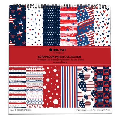 Bloco de Papel Texturizado Tema América, 25 Folhas, Papel Cartão Colorido Face Única para Scrapbook e Cartões DIY - Inkdotpot 30,48 Cm × 30,48 Cm / Multicolorido