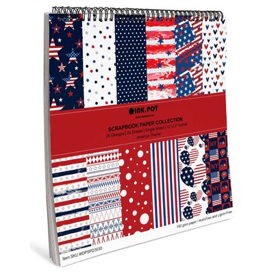 Bloco de Papel Texturizado Tema América, 25 Folhas, Papel Cartão Colorido Face Única para Scrapbook e Cartões DIY - Inkdotpot 30,48 Cm × 30,48 Cm / Multicolorido