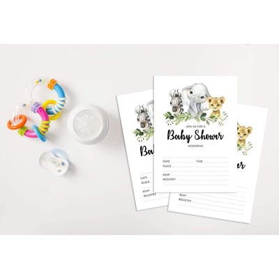 30 Cartões para Chá de Bebê Safari com Espaços para Preencher - Inkdotpot 10,16 Cm × 7,62 Cm / Branco - Livro pro Bebê