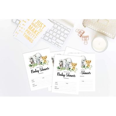 30 Cartões para Chá de Bebê Safari com Espaços para Preencher - Inkdotpot 10,16 Cm × 7,62 Cm / Branco - Livro pro Bebê