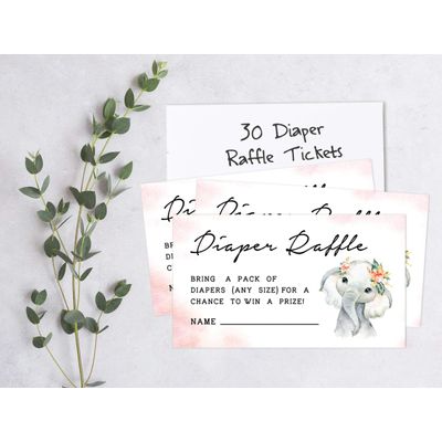 30 Cartões para Chá de Bebê com Elefante Menina e Animais da Selva - Inkdotpot 5,08 Cm × 8,89 Cm / Rosa - Sorteio de Fraldas