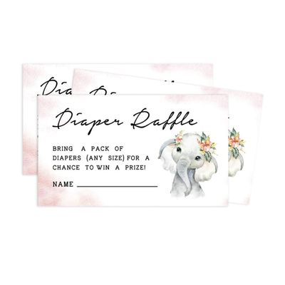 30 Cartões para Chá de Bebê com Elefante Menina e Animais da Selva - Inkdotpot 5,08 Cm × 8,89 Cm / Rosa - Sorteio de Fraldas