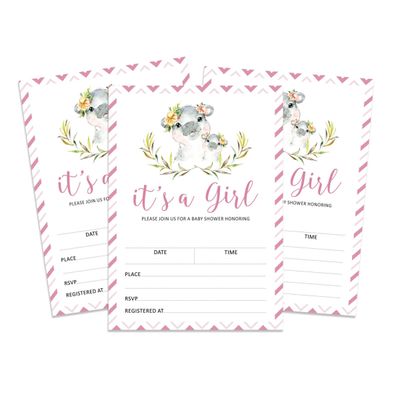 30 Cartões para Chá de Bebê com Hipopótama Menina e Animais da Selva - Inkdotpot 12,7 Cm × 17,78 Cm / Branco - Convite