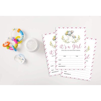 30 Cartões para Chá de Bebê com Hipopótama Menina e Animais da Selva - Inkdotpot 12,7 Cm × 17,78 Cm / Branco - Convite