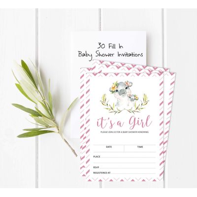 30 Cartões para Chá de Bebê com Hipopótama Menina e Animais da Selva - Inkdotpot 12,7 Cm × 17,78 Cm / Branco - Convite