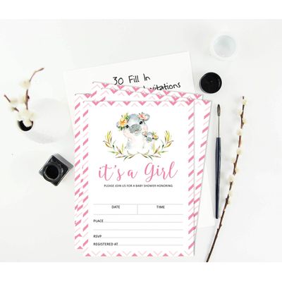 30 Cartões para Chá de Bebê com Hipopótama Menina e Animais da Selva - Inkdotpot 12,7 Cm × 17,78 Cm / Branco - Convite