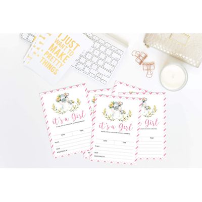 30 Cartões para Chá de Bebê com Hipopótama Menina e Animais da Selva - Inkdotpot 12,7 Cm × 17,78 Cm / Branco - Convite