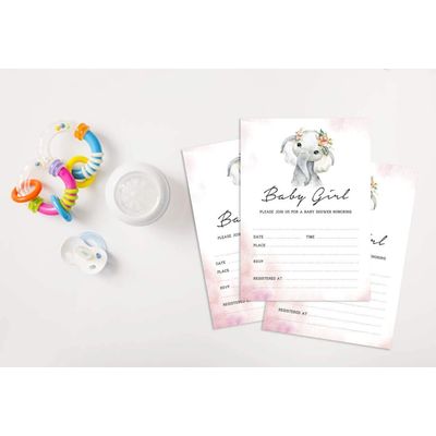30 Cartões para Chá de Bebê com Elefante Menina e Animais da Selva - Inkdotpot 12,7 Cm × 17,78 Cm / Rosa - Convite