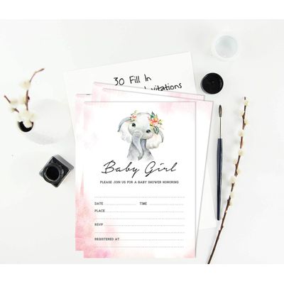 30 Cartões para Chá de Bebê com Elefante Menina e Animais da Selva - Inkdotpot 12,7 Cm × 17,78 Cm / Rosa - Convite