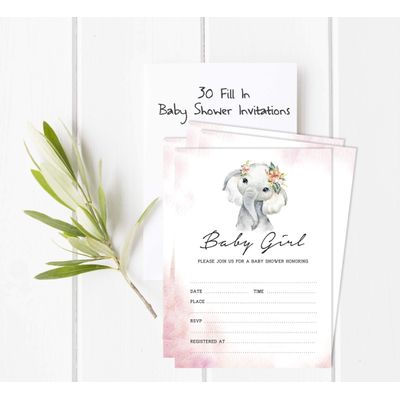 30 Cartões para Chá de Bebê com Elefante Menina e Animais da Selva - Inkdotpot 12,7 Cm × 17,78 Cm / Rosa - Convite