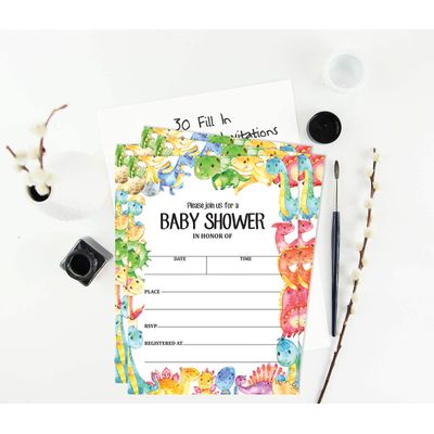 30 Cartões de Chá de Bebê Estilo Preenchível Dinossauros e Animais da Selva em Branco - Inkdotpot 5,08 Cm × 8,89 Cm / Branco - Sorteio de Fraldas