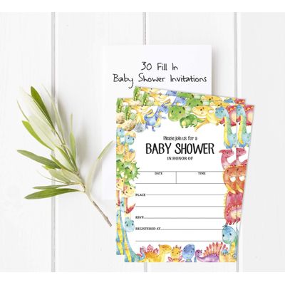 30 Cartões de Chá de Bebê Estilo Preenchível Dinossauros e Animais da Selva em Branco - Inkdotpot 5,08 Cm × 8,89 Cm / Branco - Sorteio de Fraldas