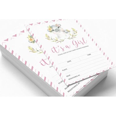 30 Cartões para Chá de Bebê com Hipopótama Menina e Animais da Selva - Inkdotpot 12,7 Cm × 17,78 Cm / Branco - Conjunto