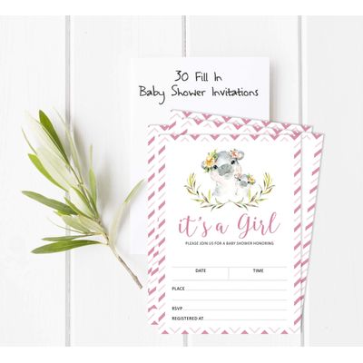 30 Cartões para Chá de Bebê com Hipopótama Menina e Animais da Selva - Inkdotpot 12,7 Cm × 17,78 Cm / Branco - Conjunto