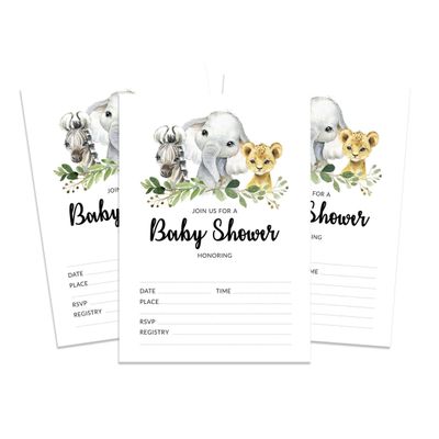 30 Cartões para Chá de Bebê Safari com Espaços para Preencher - Inkdotpot 12,7 Cm × 17,78 Cm / Branco - Conjunto