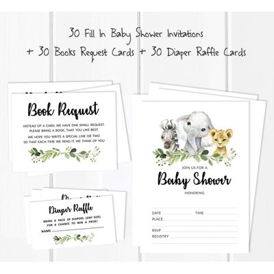 30 Cartões para Chá de Bebê Safari com Espaços para Preencher - Inkdotpot 12,7 Cm × 17,78 Cm / Branco - Conjunto