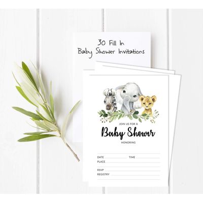 30 Cartões para Chá de Bebê Safari com Espaços para Preencher - Inkdotpot 12,7 Cm × 17,78 Cm / Branco - Conjunto