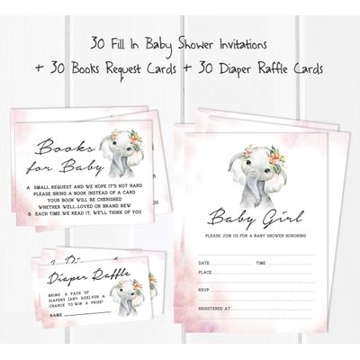 30 Cartões para Chá de Bebê com Elefante Menina e Animais da Selva - Inkdotpot 12,7 Cm × 17,78 Cm / Rosa - Conjunto