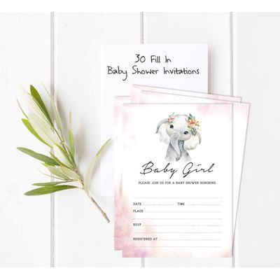 30 Cartões para Chá de Bebê com Elefante Menina e Animais da Selva - Inkdotpot 12,7 Cm × 17,78 Cm / Rosa - Conjunto
