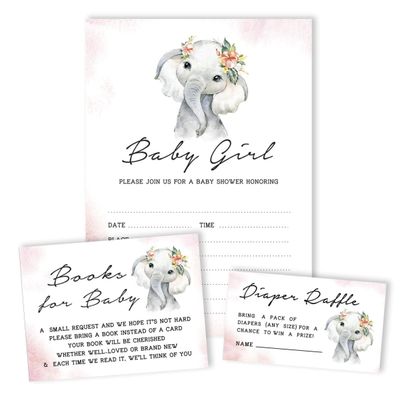 30 Cartões para Chá de Bebê com Elefante Menina e Animais da Selva - Inkdotpot 12,7 Cm × 17,78 Cm / Rosa - Conjunto