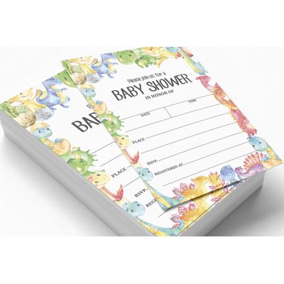 30 Cartões de Chá de Bebê Estilo Preenchível Dinossauros e Animais da Selva em Branco - Inkdotpot 12,7 Cm × 17,78 Cm / Branco - Conjunto