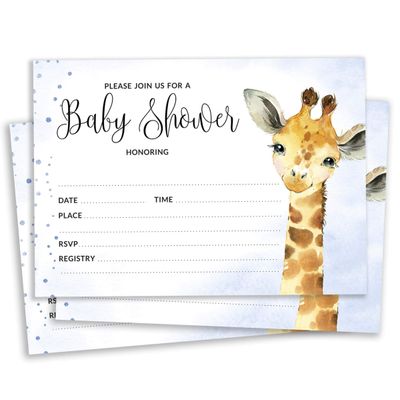 30 Cartões Preenchíveis para Chá de Bebê com Girafa e Animais da Selva, em Branco - Inkdotpot 12,7 Cm × 17,78 Cm / Azul - Convite