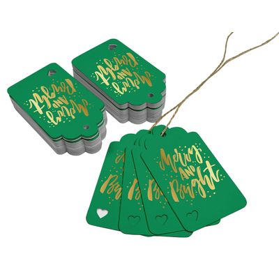 Etiquetas de Papel Metalizadas 'Merry and Bright' para Lembrancinhas de Natal e para Pendurar - Inkdotpot 50 Etiquetas Metalizadas / Verde - Dourado