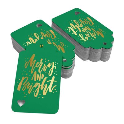 Etiquetas de Papel Metalizadas 'Merry and Bright' para Lembrancinhas de Natal e para Pendurar - Inkdotpot 50 Etiquetas Metalizadas / Verde - Dourado