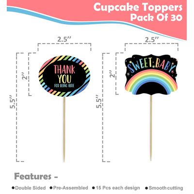Kit com 30 Enfeites Dupla-Face para Cupcake Pré-Montados Arco-Íris Revelação de Gênero Chá de Bebê, Lembrancinhas DIY - Inkdotpot 13,97 Cm × 5,08 Cm / Branco
