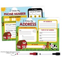 Folha Apagável a Seco: Sei Meu Endereço e Número de Telefone — Pré-Escola, Laminada, Atividades Domiciliares com 2 Marcadores - Inkdotpot