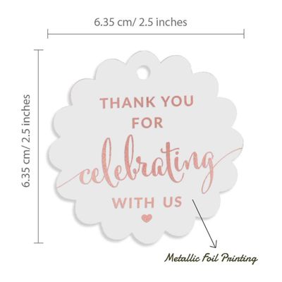 Tags Papel Metalizado 'Obrigado por Celebrar Conosco' para Lembranças - Chá de Noiva/Bebê/Aposentadoria/Casamento/Aniversário - Inkdotpot 100 Etiquetas Metalizadas / Branco - Ouro Rosé