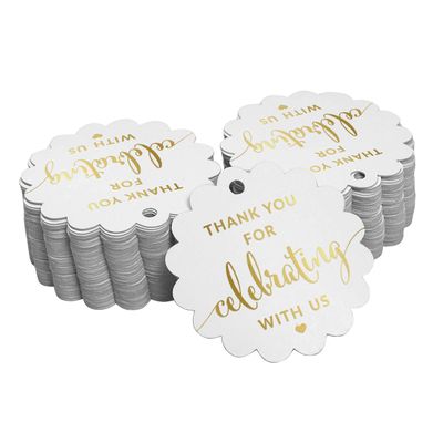 Tags Papel Metalizado 'Obrigado por Celebrar Conosco' para Lembranças - Chá de Noiva/Bebê/Aposentadoria/Casamento/Aniversário - Inkdotpot 100 Etiquetas Metalizadas / Branco - Ouro Rosé