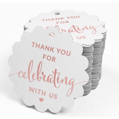 Tags Papel Metalizado 'Obrigado por Celebrar Conosco' para Lembranças - Chá de Noiva/Bebê/Aposentadoria/Casamento/Aniversário - Inkdotpot 100 Etiquetas Metalizadas / Branco - Ouro Rosé