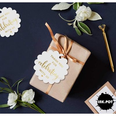 Tags Papel Metalizado 'Obrigado por Celebrar Conosco' para Lembranças - Chá de Noiva/Bebê/Aposentadoria/Casamento/Aniversário - Inkdotpot 100 Etiquetas Metalizadas / Branco - Ouro Rosé
