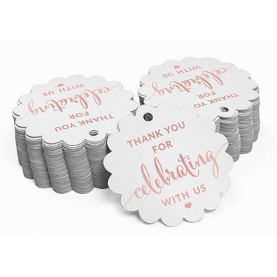 Tags Papel Metalizado 'Obrigado por Celebrar Conosco' para Lembranças - Chá de Noiva/Bebê/Aposentadoria/Casamento/Aniversário - Inkdotpot 100 Etiquetas Metalizadas / Branco - Ouro Rosé