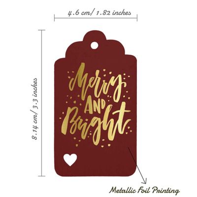 Etiquetas Pendentes de Papel para Lembrancinhas de Natal 'Merry and Bright' com Foil para Artesanato - Inkdotpot 50 Etiquetas Metalizadas / Vermelho - Dourado