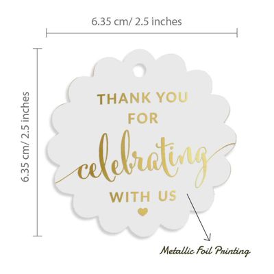 Tags Papel Metalizado 'Obrigado por Celebrar Conosco' para Lembranças - Chá de Noiva/Bebê/Aposentadoria/Casamento/Aniversário - Inkdotpot 100 Etiquetas Metalizadas / Branco - Ouro Rosé