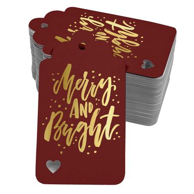 Etiquetas Pendentes de Papel para Lembrancinhas de Natal 'Merry and Bright' com Foil para Artesanato - Inkdotpot 50 Etiquetas Metalizadas / Vermelho - Dourado