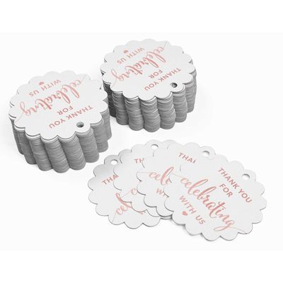 Tags Papel Metalizado 'Obrigado por Celebrar Conosco' para Lembranças - Chá de Noiva/Bebê/Aposentadoria/Casamento/Aniversário - Inkdotpot 100 Etiquetas Metalizadas / Branco - Ouro Rosé
