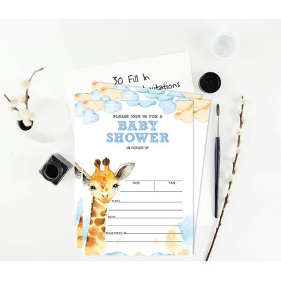 30 Cartões de Chá de Bebê para Preencher com Girafa e Animais da Selva em Branco - Inkdotpot 10,16 Cm × 7,62 Cm / Branco - Livro pro Bebê