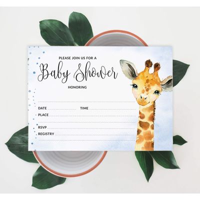 30 Cartões Preenchíveis para Chá de Bebê com Girafa e Animais da Selva, em Branco - Inkdotpot 10,16 Cm × 7,62 Cm / Azul - Livro pro Bebê
