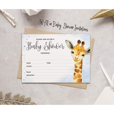 30 Cartões Preenchíveis para Chá de Bebê com Girafa e Animais da Selva, em Branco - Inkdotpot 10,16 Cm × 7,62 Cm / Azul - Livro pro Bebê